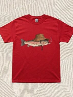 Gildan Red T-Shirt with Trout Wearing Brown Bucket Hat Graphic